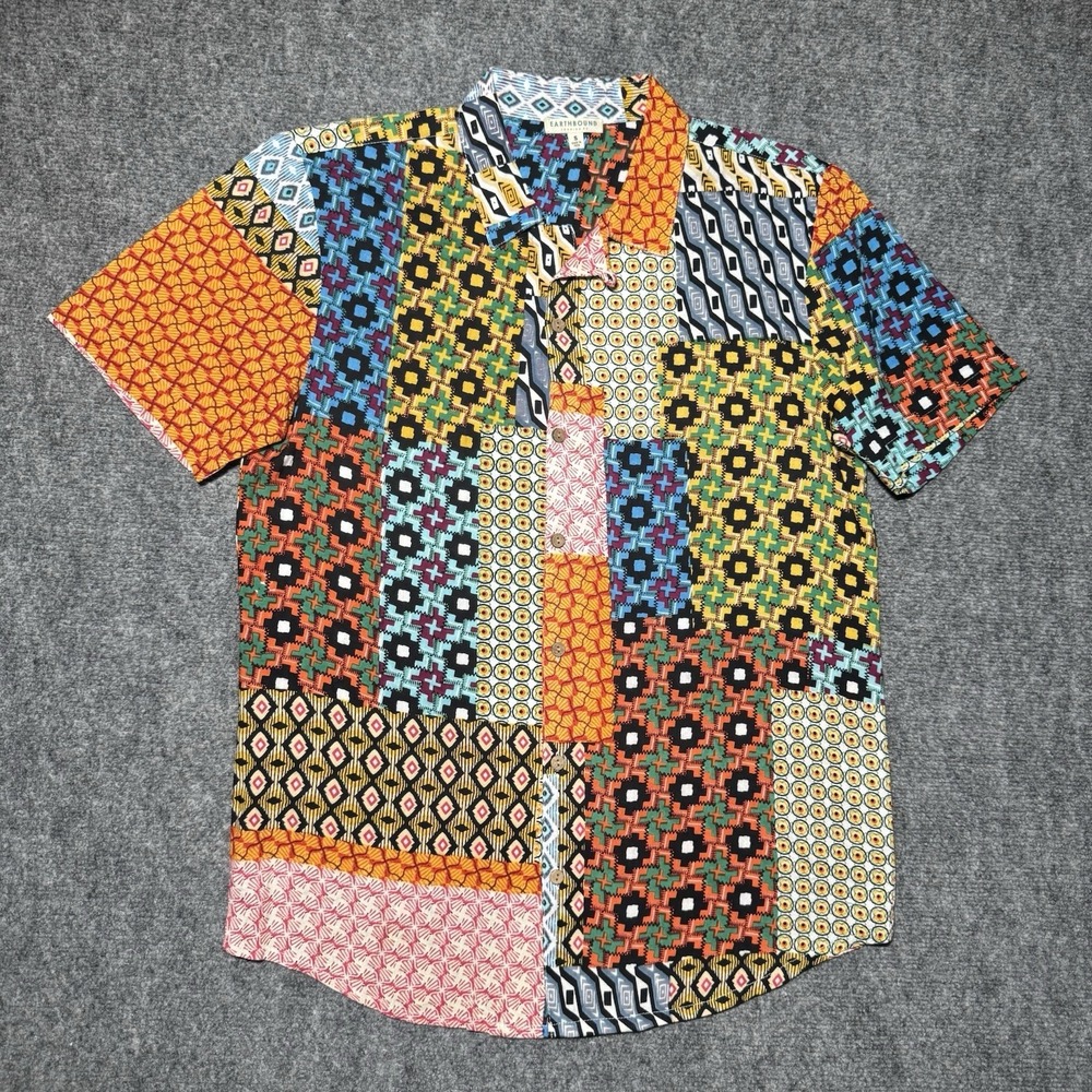 Earthbound Trading Co Button Up Shirt Geometric Patchwork Men Small Loop Collar